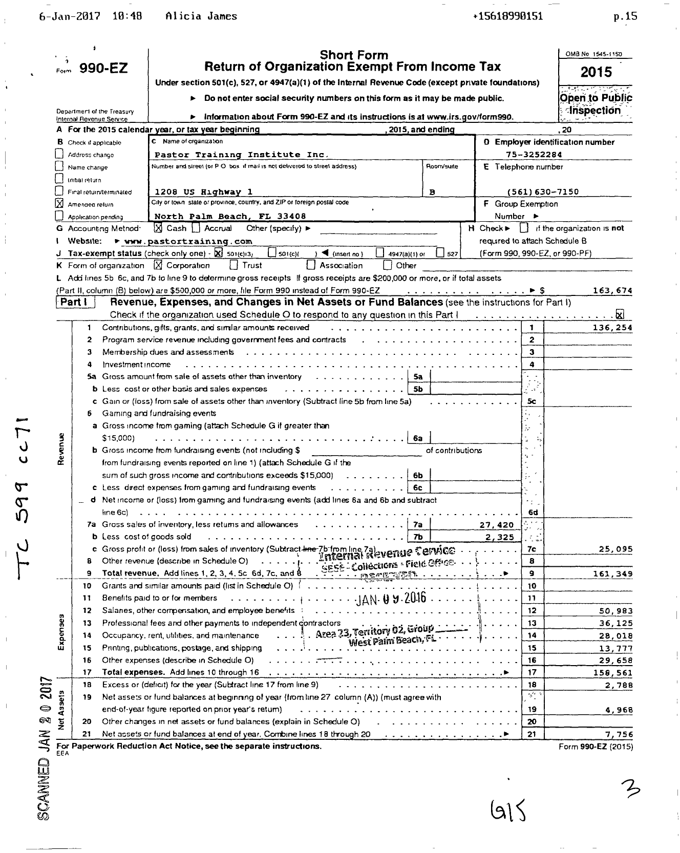 Image of first page of 2015 Form 990EZ for Pastor Training Institute