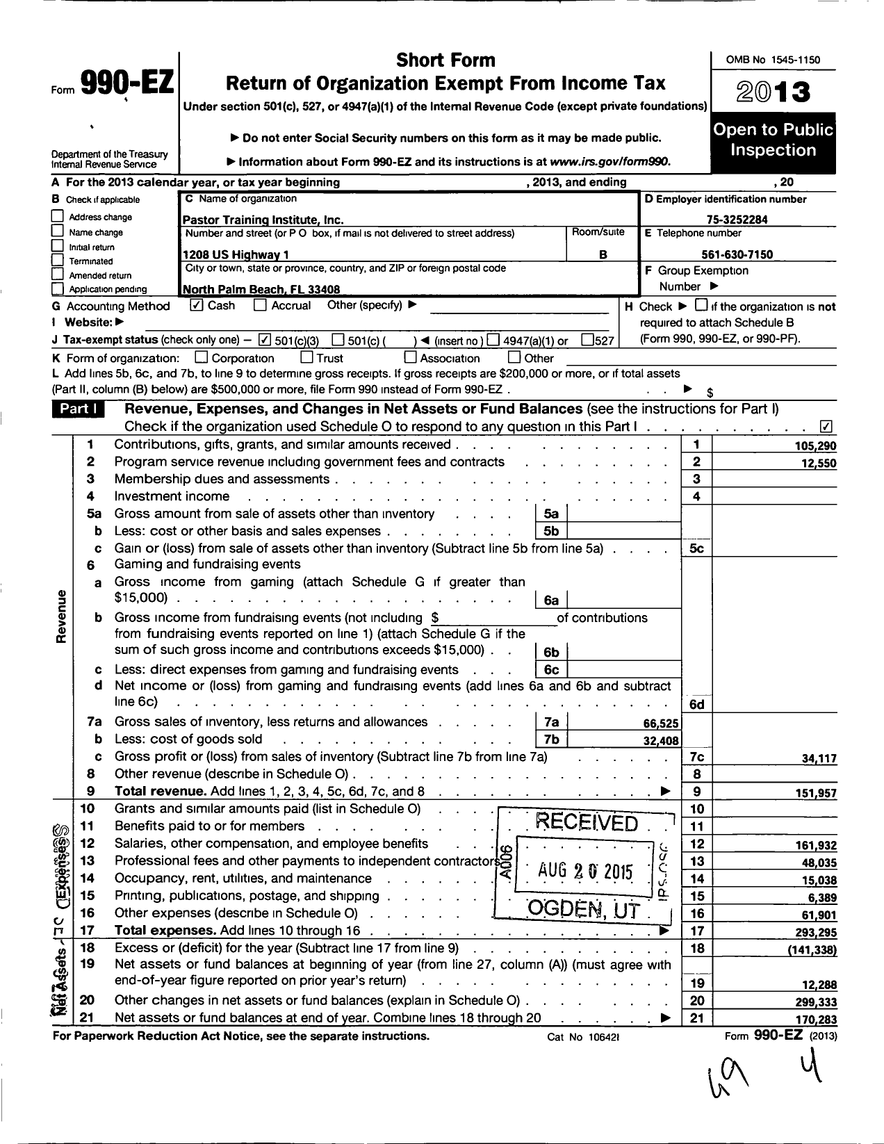 Image of first page of 2013 Form 990EZ for Pastor Training Institute