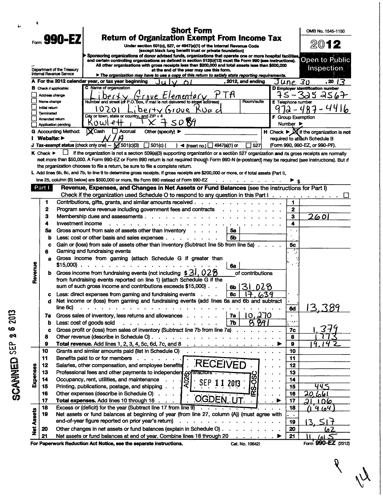 Image of first page of 2012 Form 990EZ for Texas PTA - 11832 Liberty Grove Elementary PTA