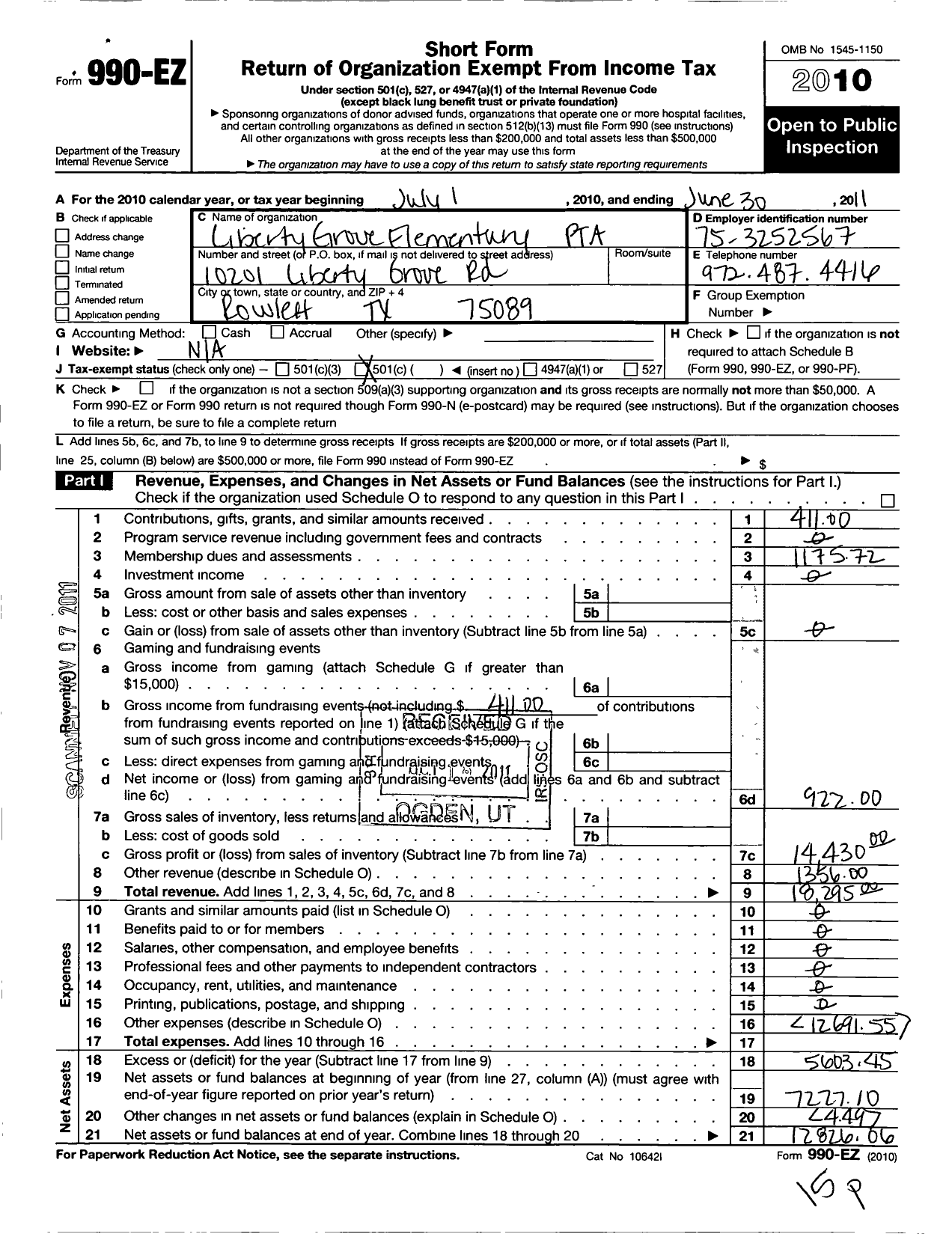 Image of first page of 2010 Form 990EO for Texas PTA - 11832 Liberty Grove Elementary PTA