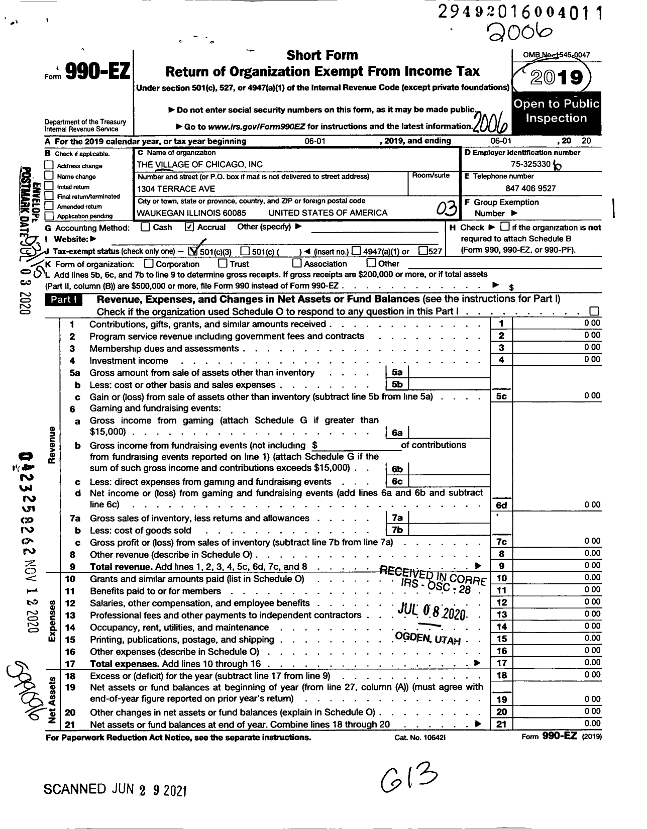 Image of first page of 2019 Form 990EZ for The Village of Chicago