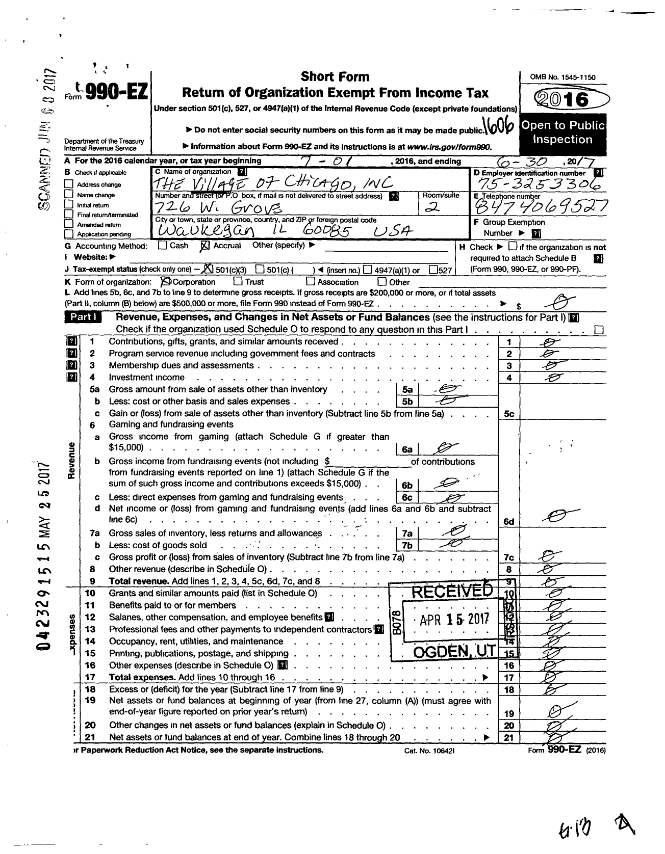 Image of first page of 2016 Form 990EZ for The Village of Chicago