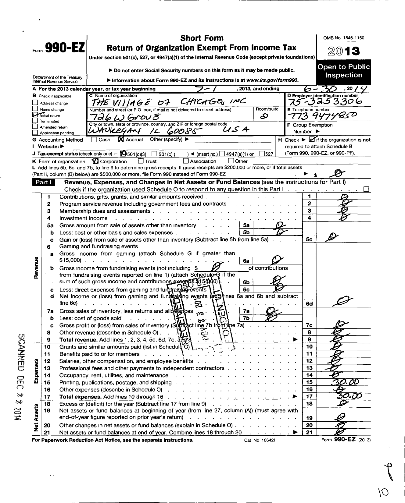 Image of first page of 2013 Form 990EZ for The Village of Chicago