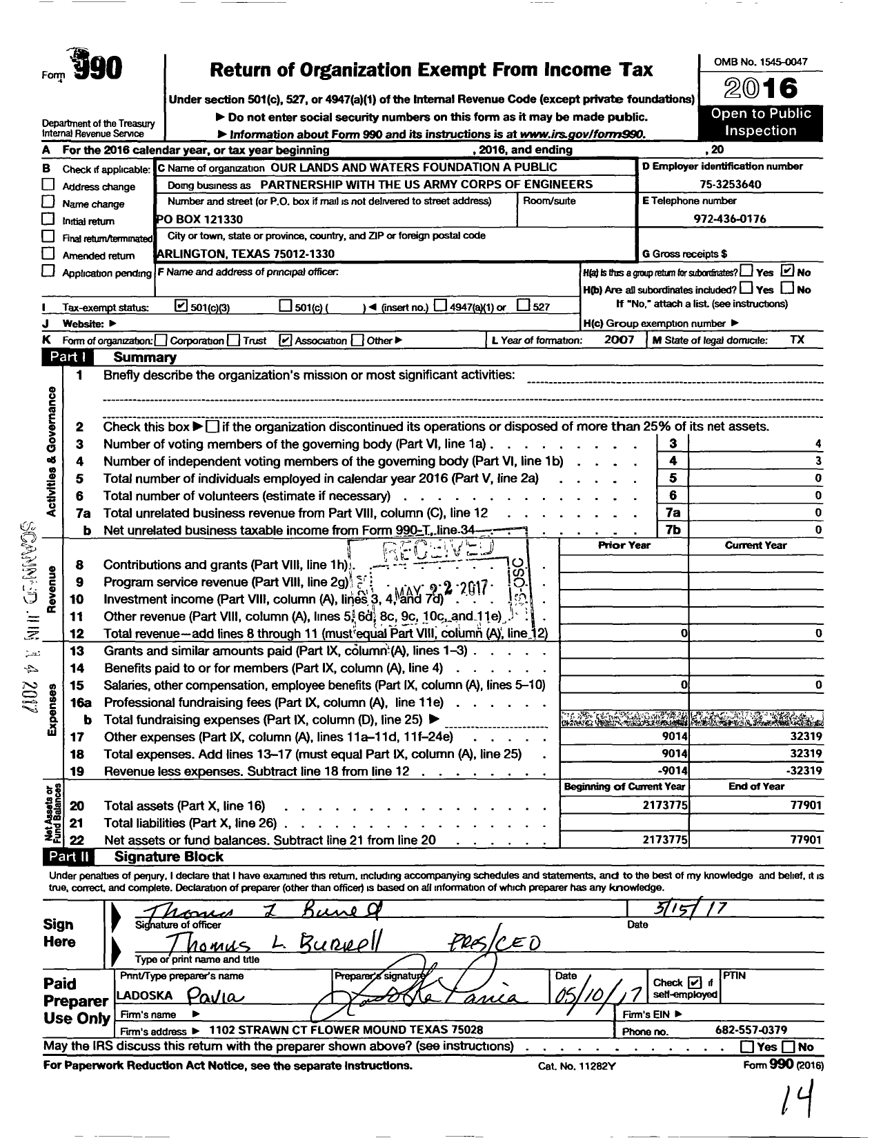 Image of first page of 2016 Form 990 for Our Lands and Waters Foundation