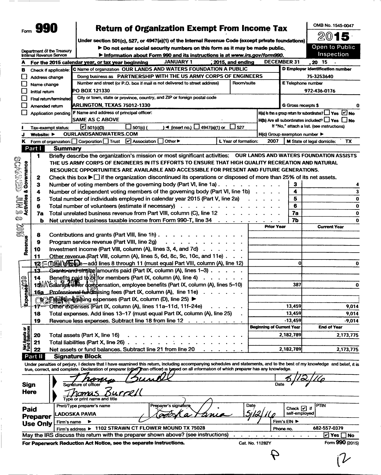 Image of first page of 2015 Form 990 for Our Lands and Waters Foundation