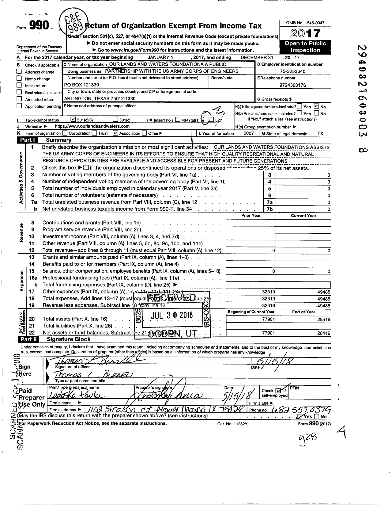 Image of first page of 2017 Form 990 for Our Lands and Waters Foundation