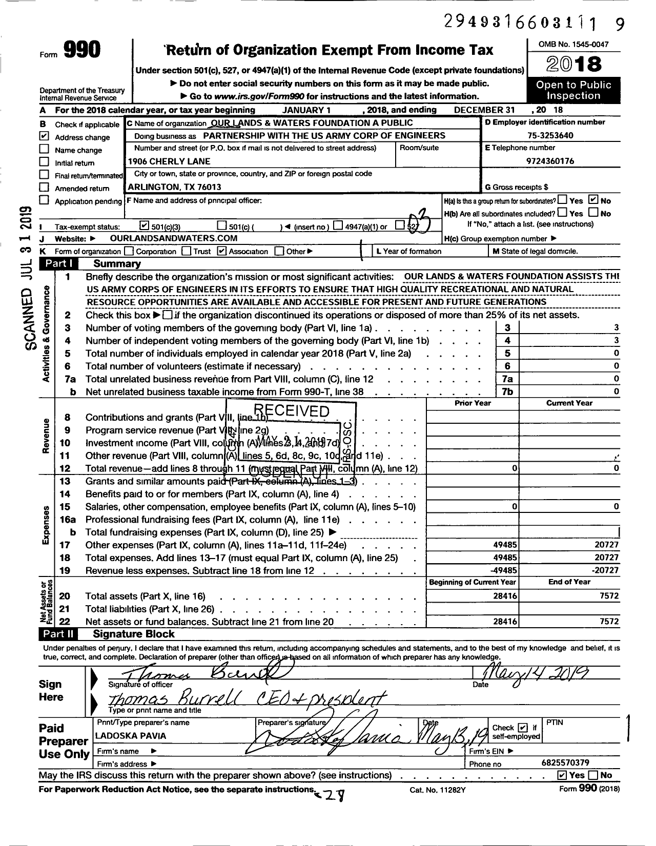 Image of first page of 2018 Form 990 for Our Lands and Waters Foundation