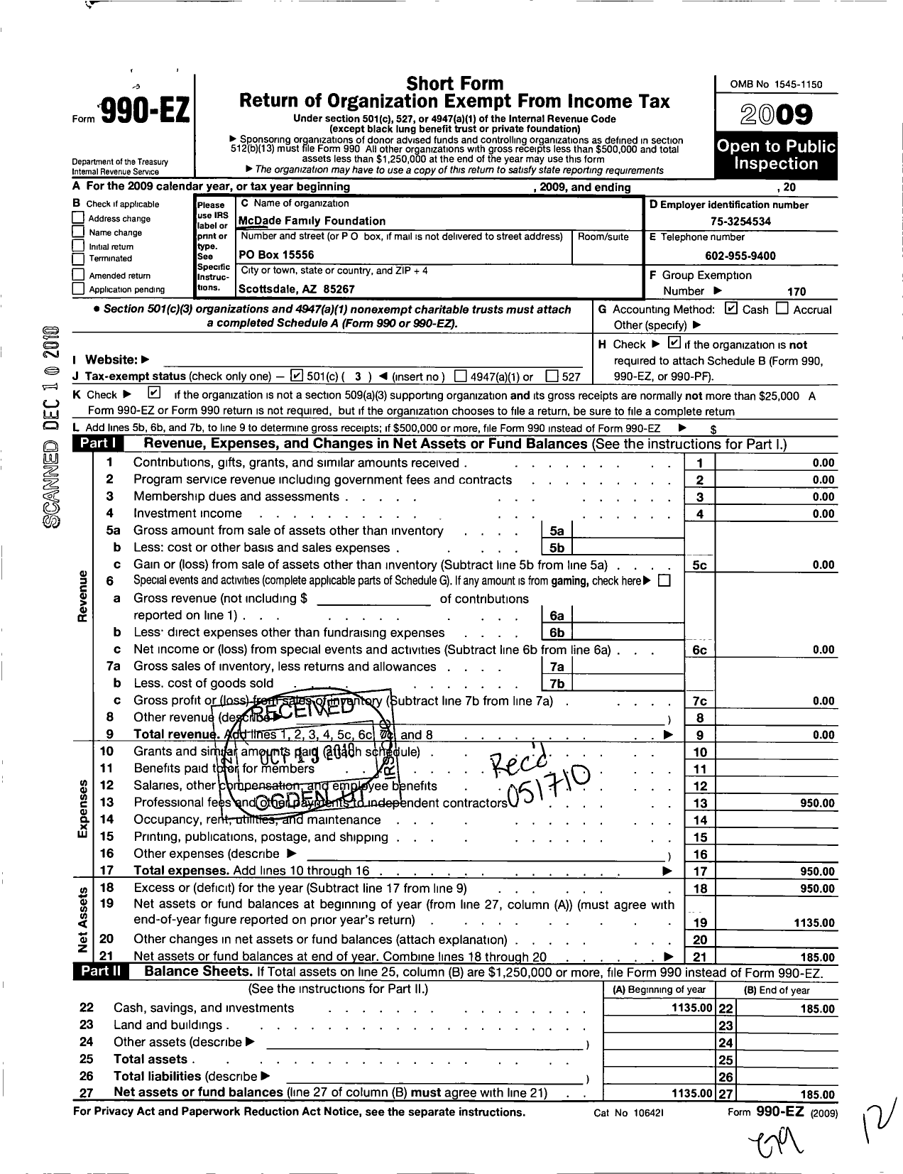 Image of first page of 2009 Form 990EZ for Mcdade Family Foundation