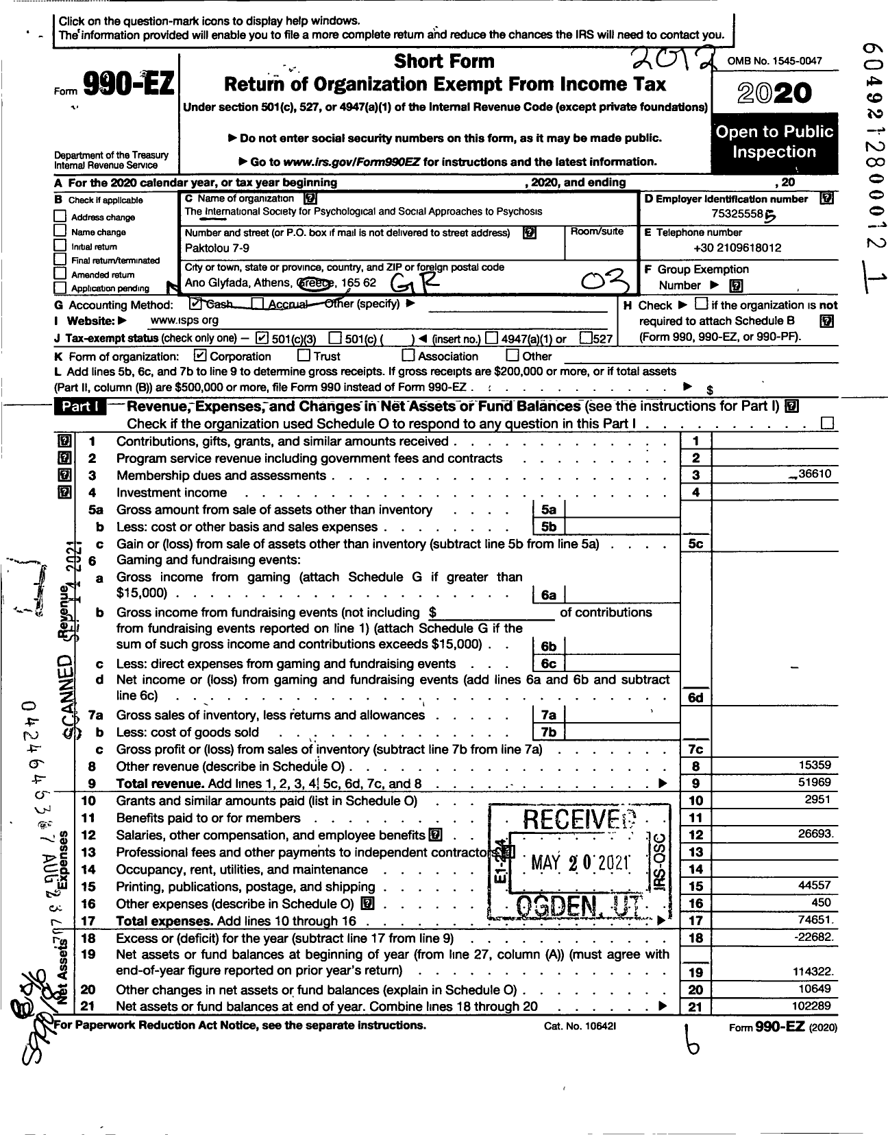 Image of first page of 2020 Form 990EZ for International Society for the Psychological Treatments of the