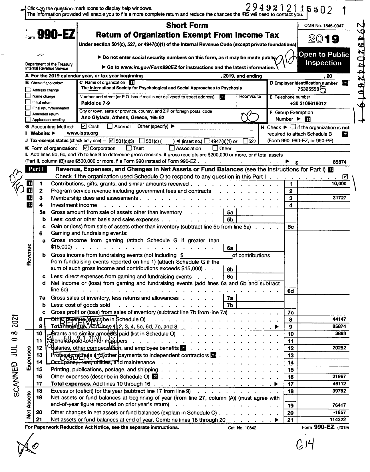 Image of first page of 2019 Form 990EZ for International Society for the Psychological Treatments of the