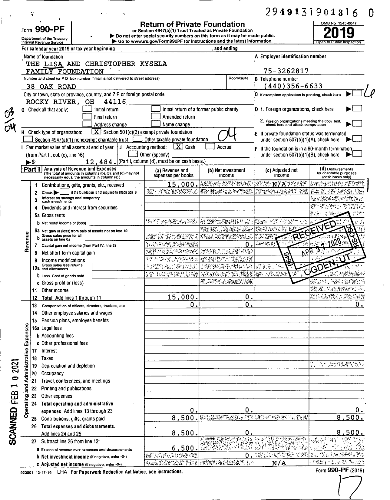 Image of first page of 2019 Form 990PF for The Lisa and Christopher Kysela Family Foundation