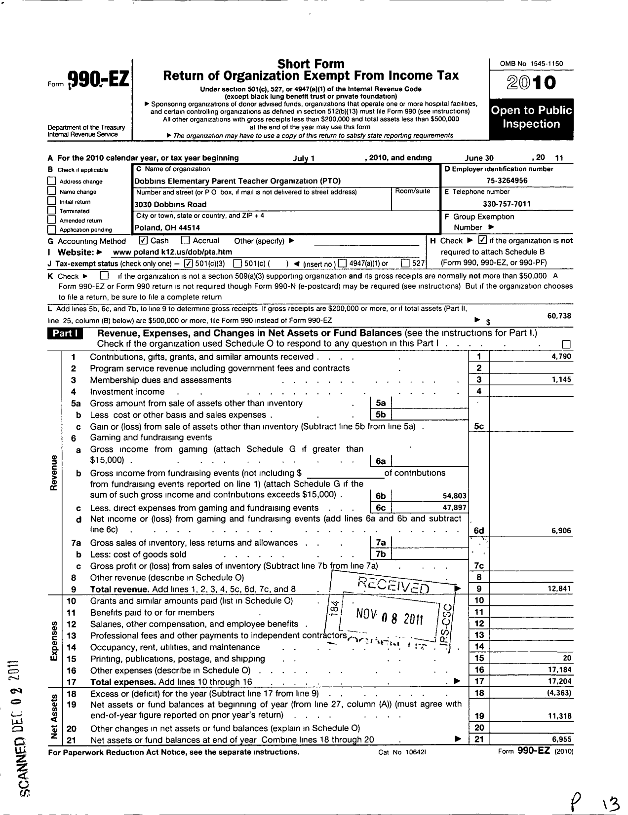 Image of first page of 2010 Form 990EZ for Dobbins Elementary School Pto