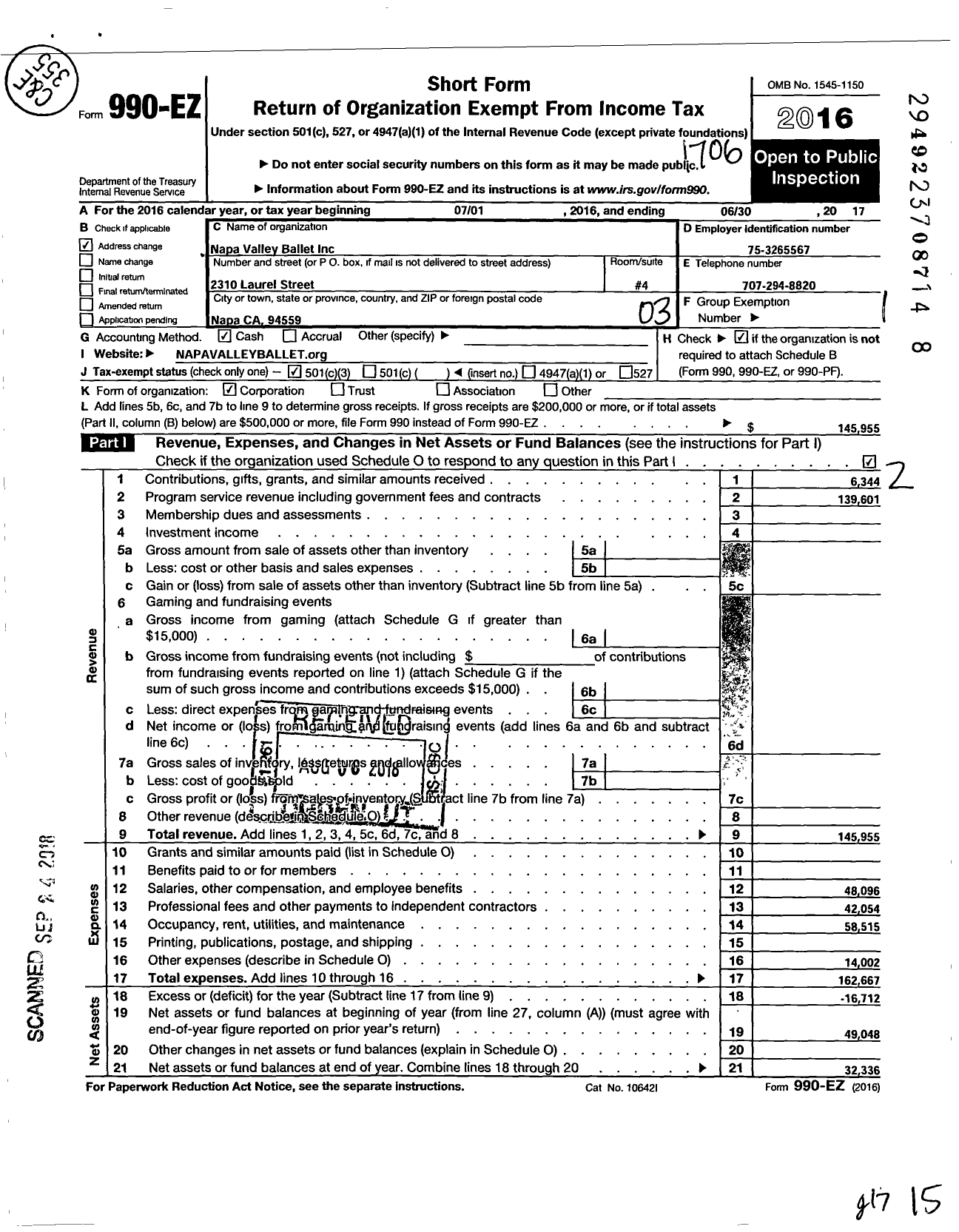 Image of first page of 2016 Form 990EZ for Napa Valley Ballet