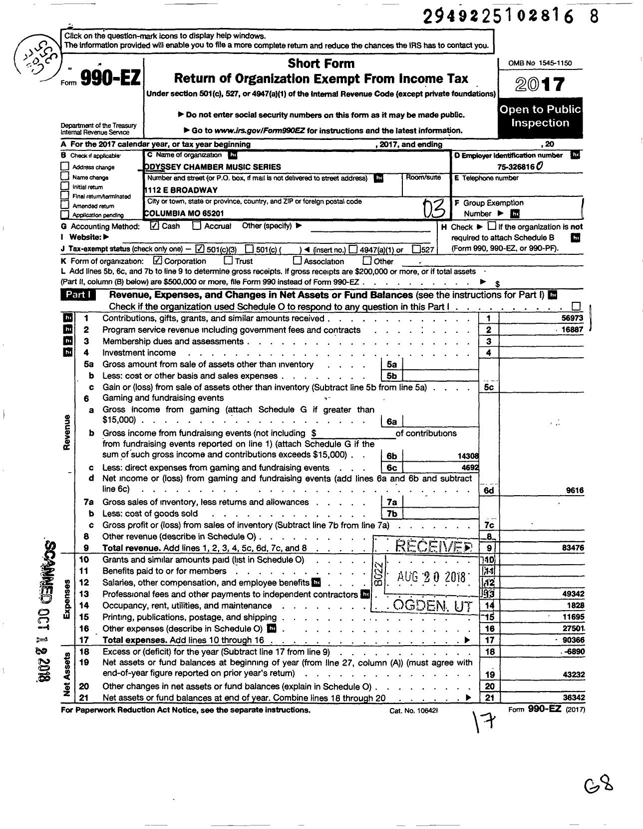 Image of first page of 2017 Form 990EZ for Odyssey Chamber Music Series