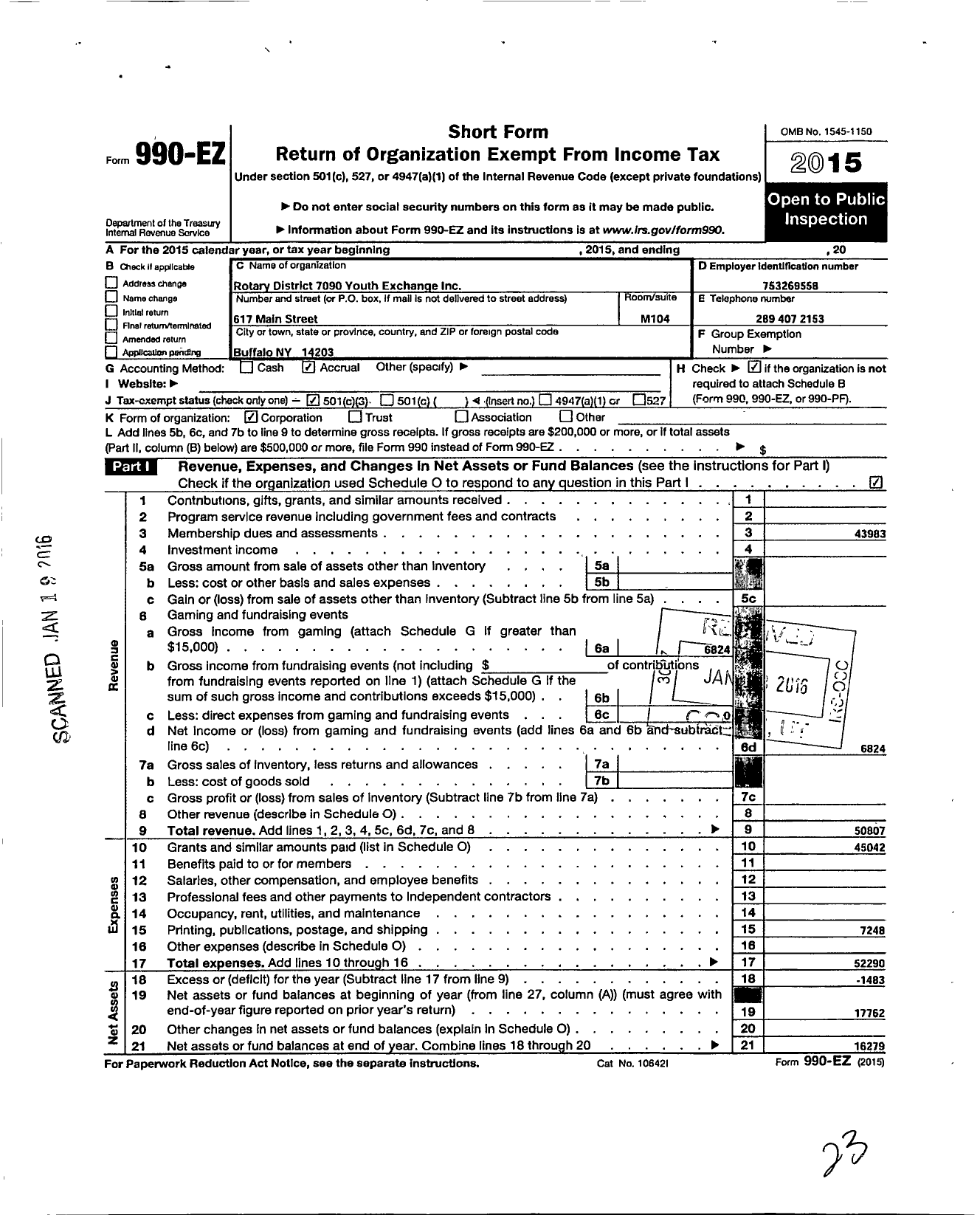 Image of first page of 2015 Form 990EZ for Rotary District 7090 Youth Exchange Program