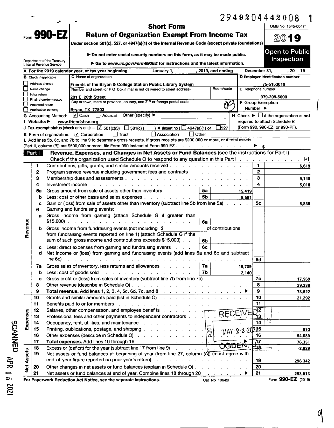 Image of first page of 2019 Form 990EZ for Friends of the Bryan and College Station Pubic Library System