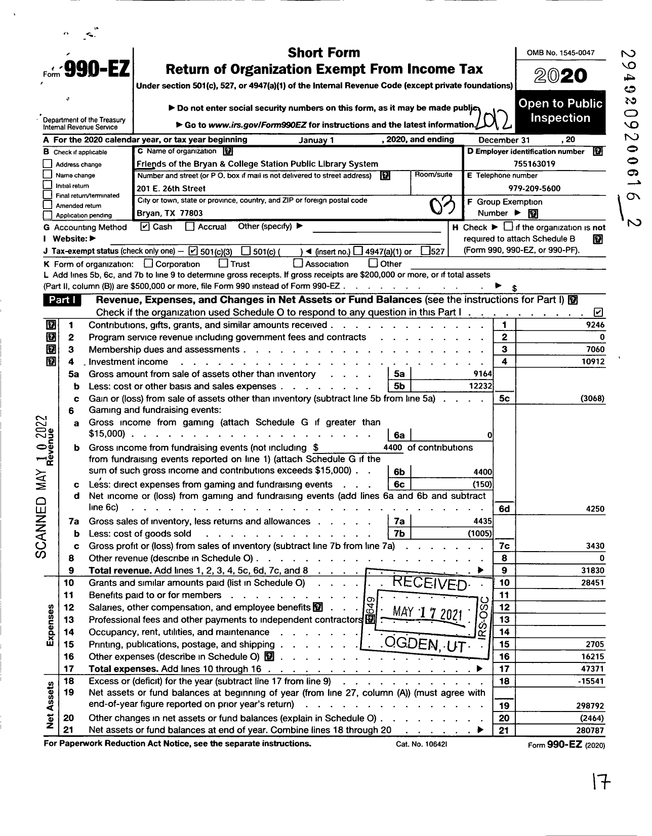 Image of first page of 2020 Form 990EZ for Friends of the Bryan and College Station Pubic Library System