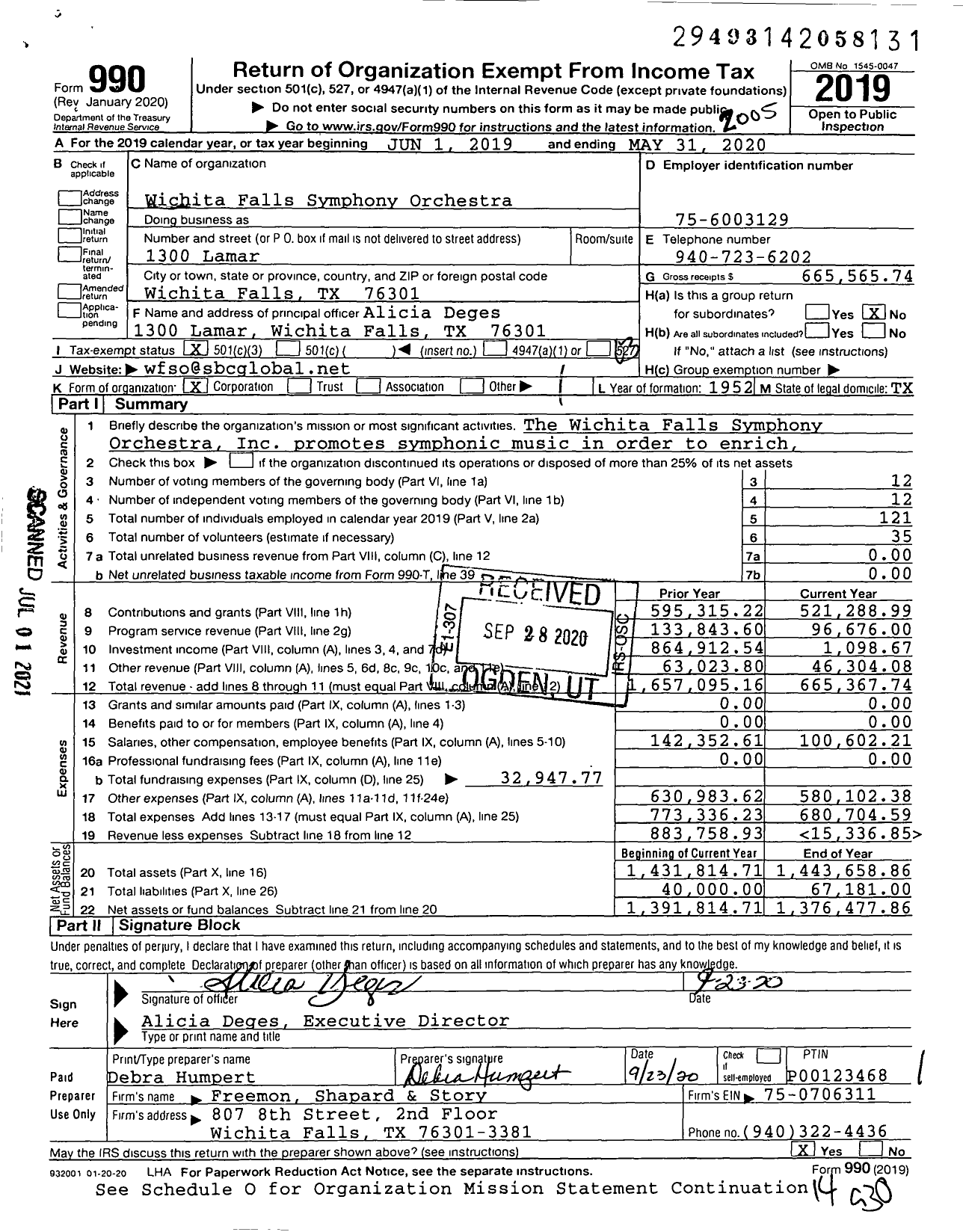 Image of first page of 2019 Form 990 for Wichita Falls Symphony Orchestra