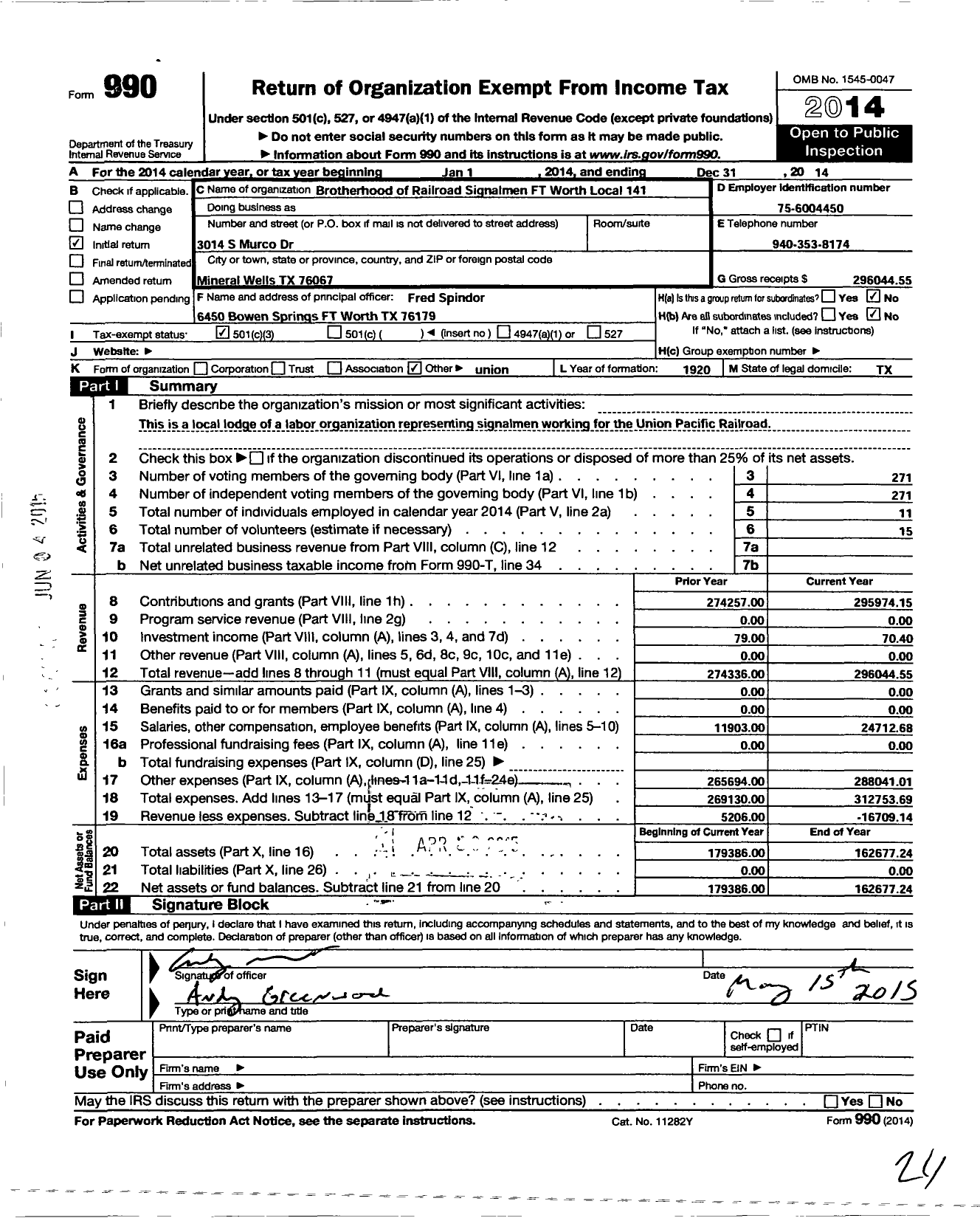 Image of first page of 2014 Form 990 for Brotherhood of Railroad Signalmen 141 Fort Worth Local