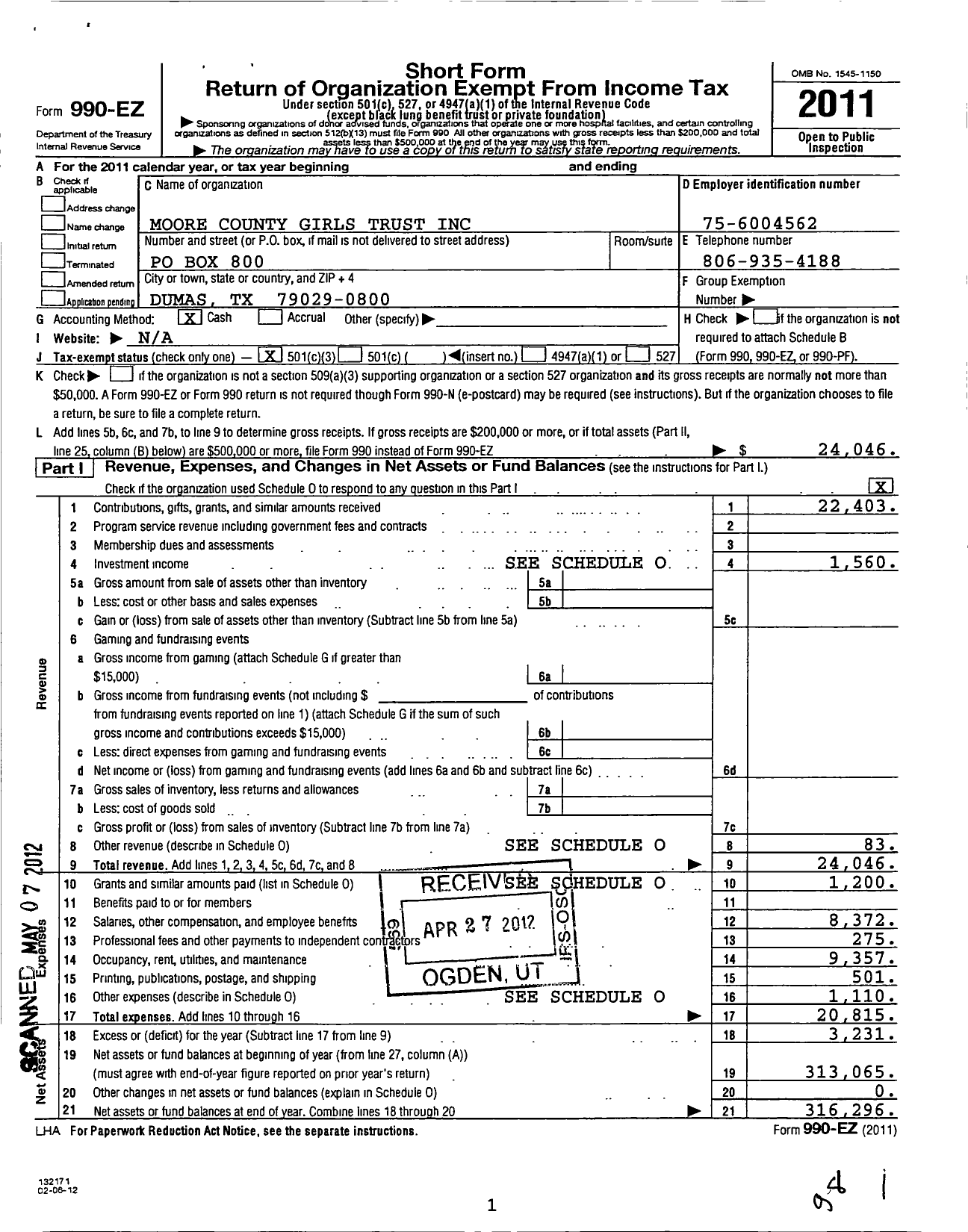 Image of first page of 2011 Form 990EZ for Moore County Girls Trust