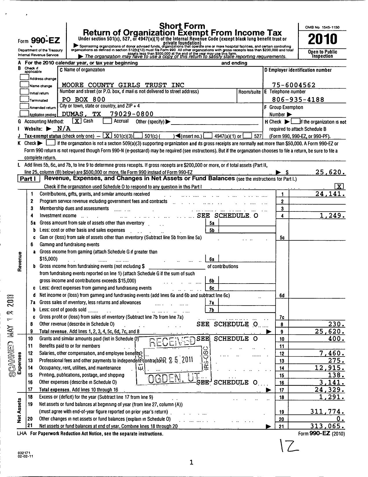 Image of first page of 2010 Form 990EZ for Moore County Girls Trust