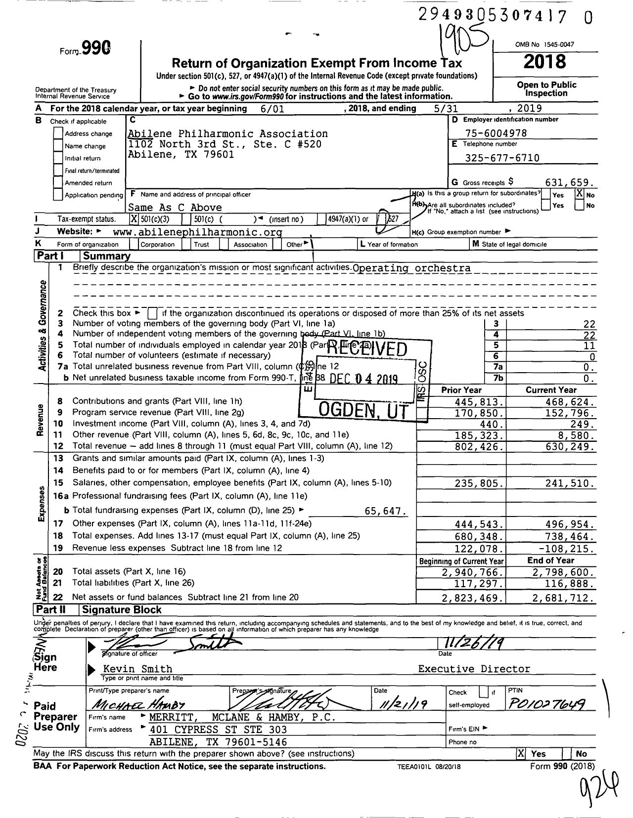 Image of first page of 2018 Form 990 for Abilene Philharmonic Association