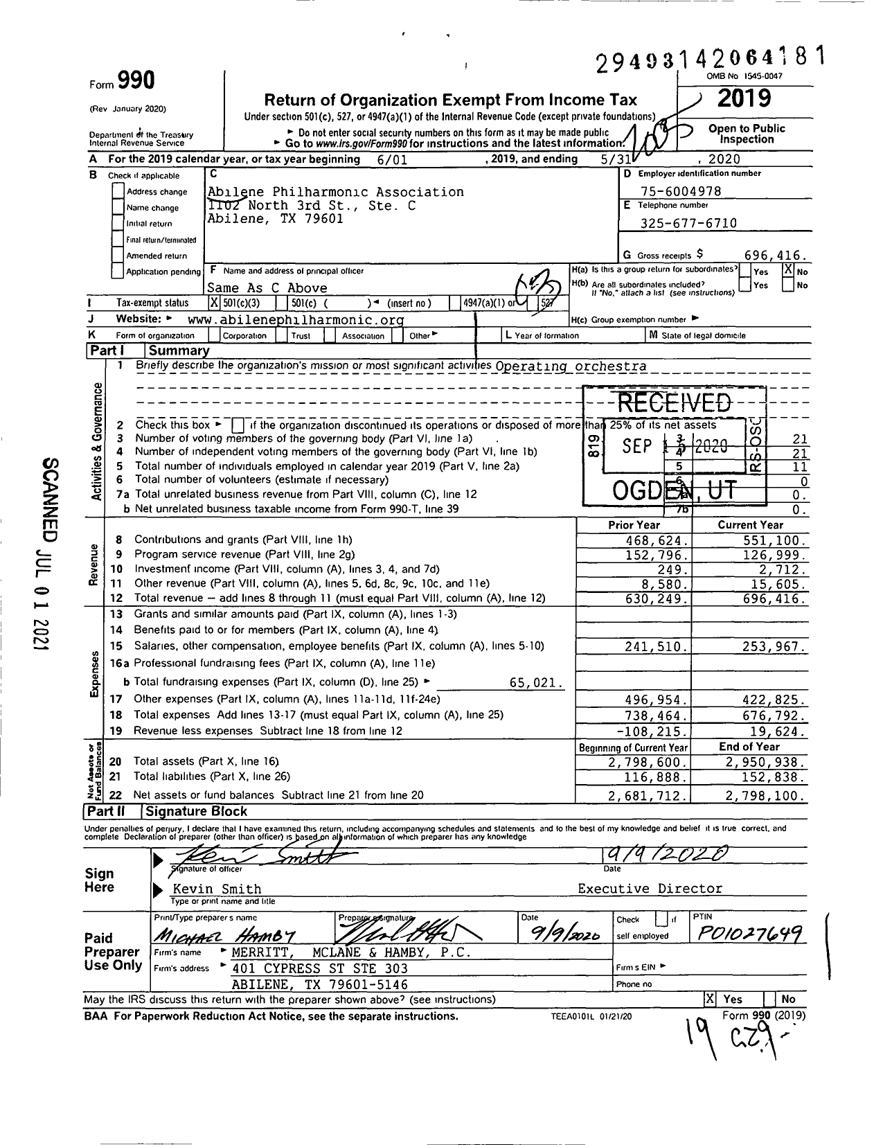 Image of first page of 2019 Form 990 for Abilene Philharmonic Association