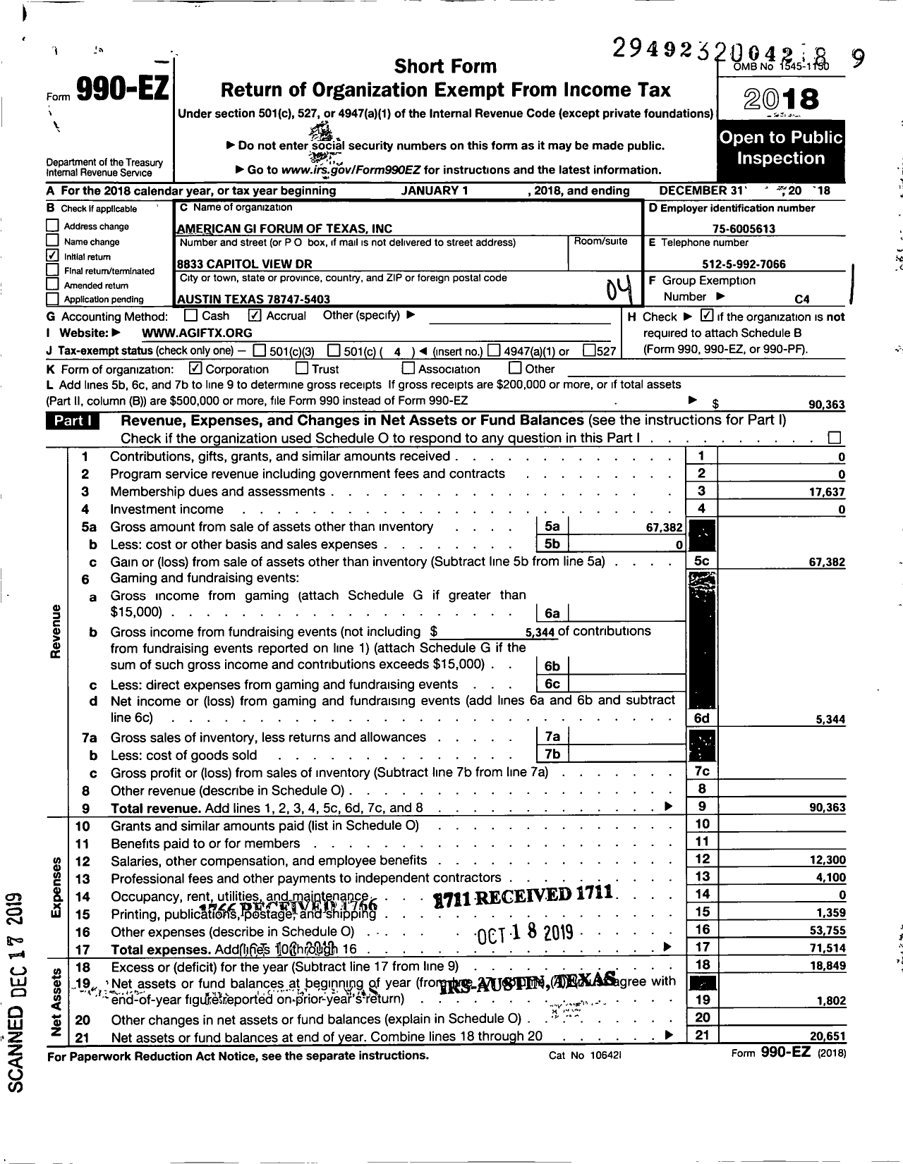 Image of first page of 2018 Form 990EO for American Gi Forum of the U S / Texas