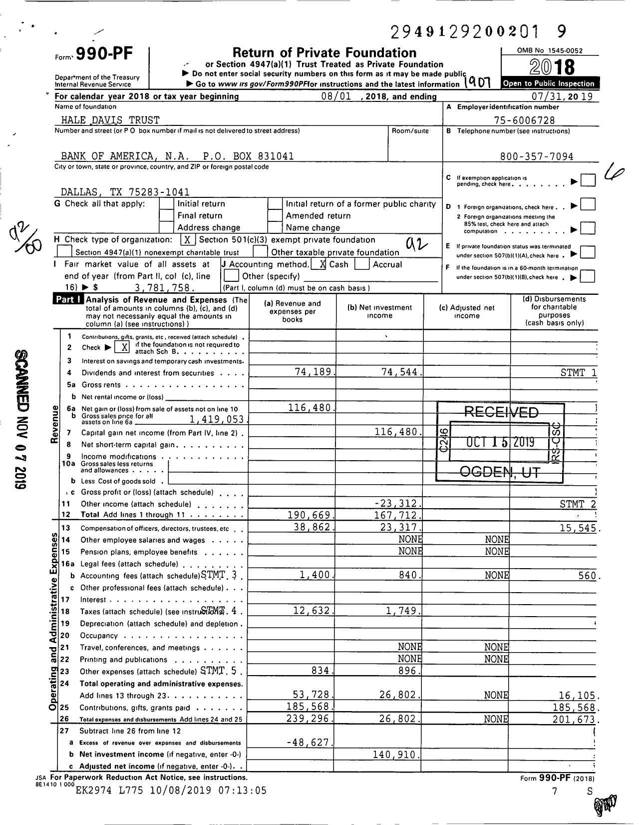 Image of first page of 2018 Form 990PF for Hale Davis Trust