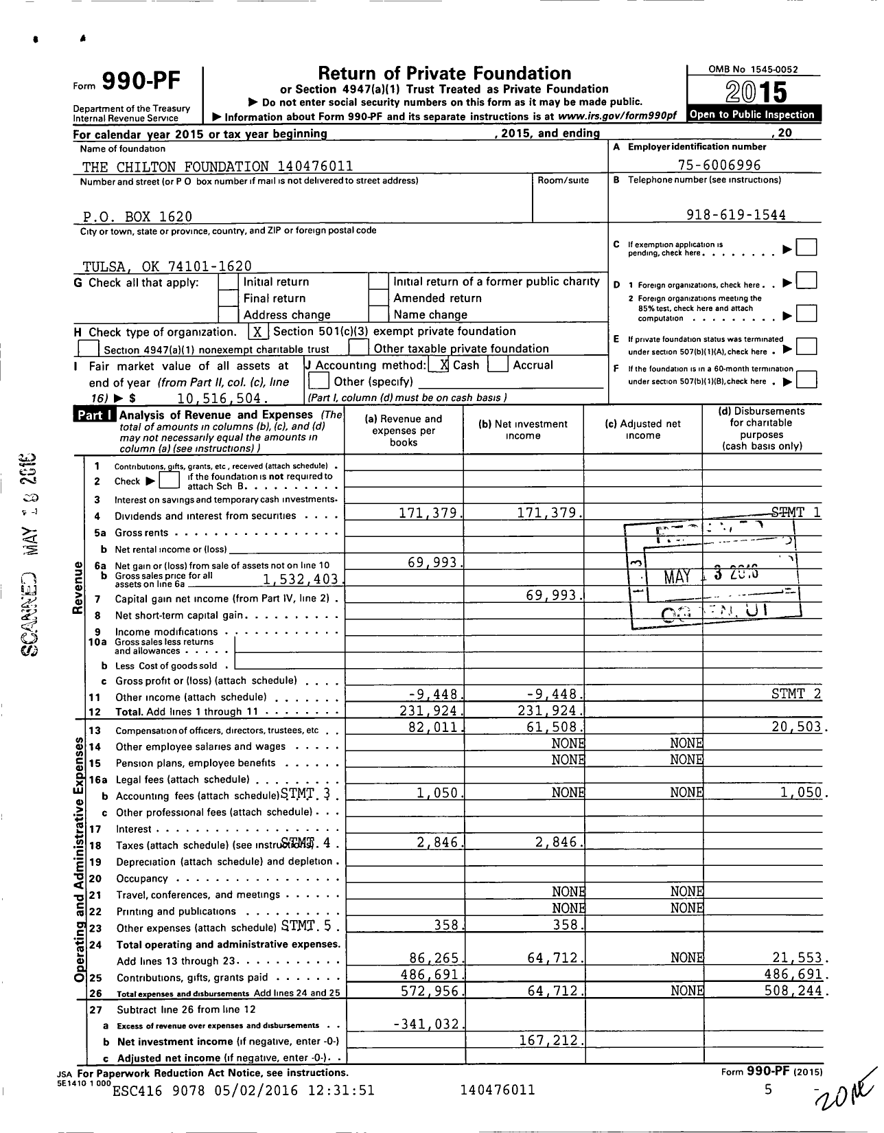 Image of first page of 2015 Form 990PF for The Chilton Foundation