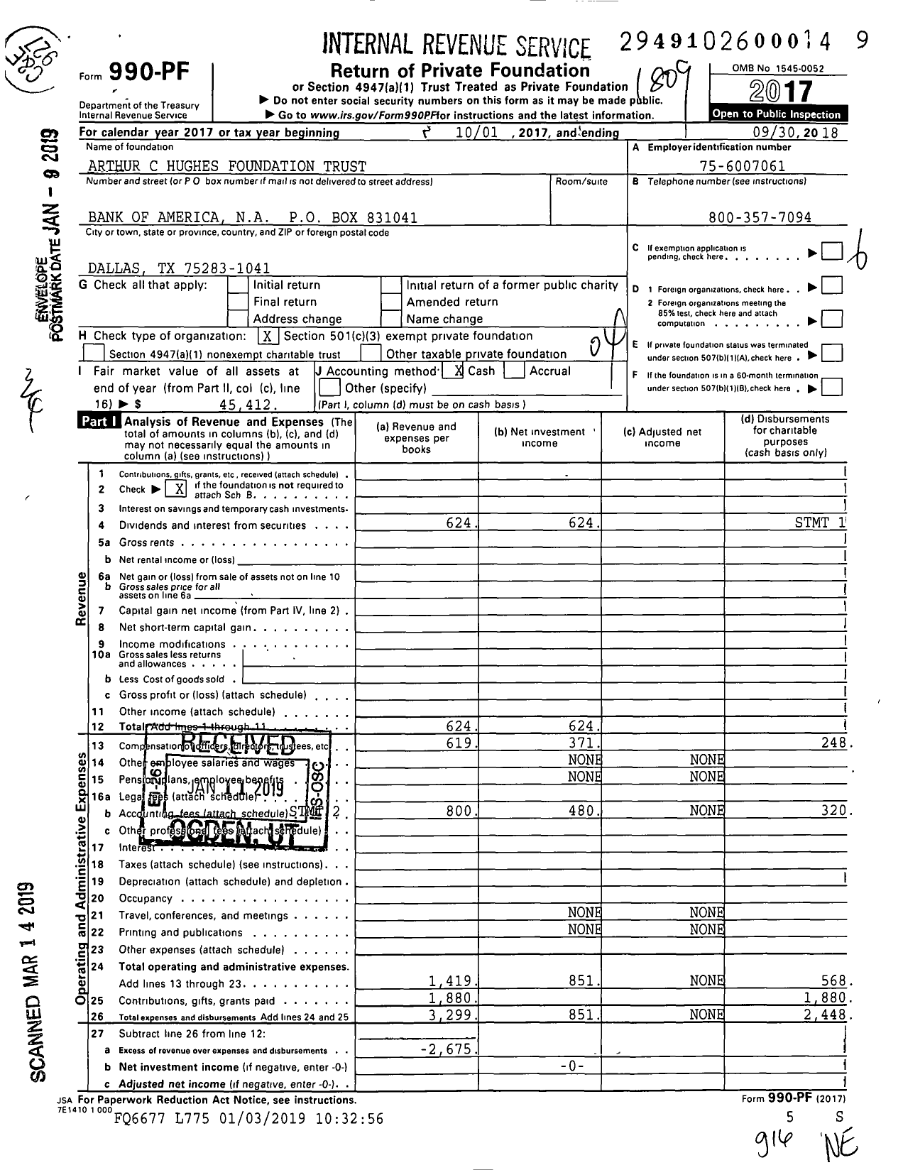 Image of first page of 2017 Form 990PF for Arthur C Hughes Foundation Trust