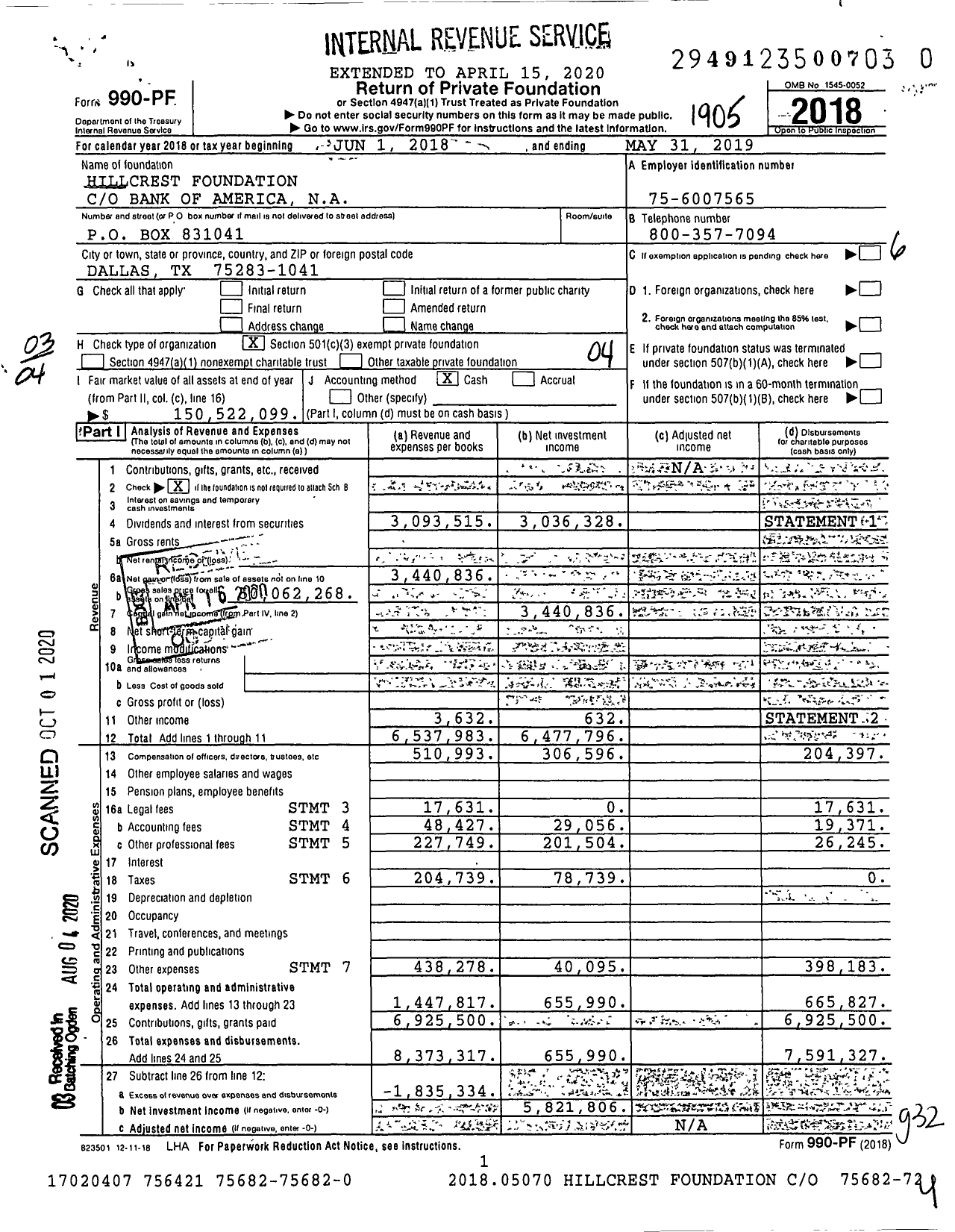 Image of first page of 2018 Form 990PR for Hillcrest Foundation