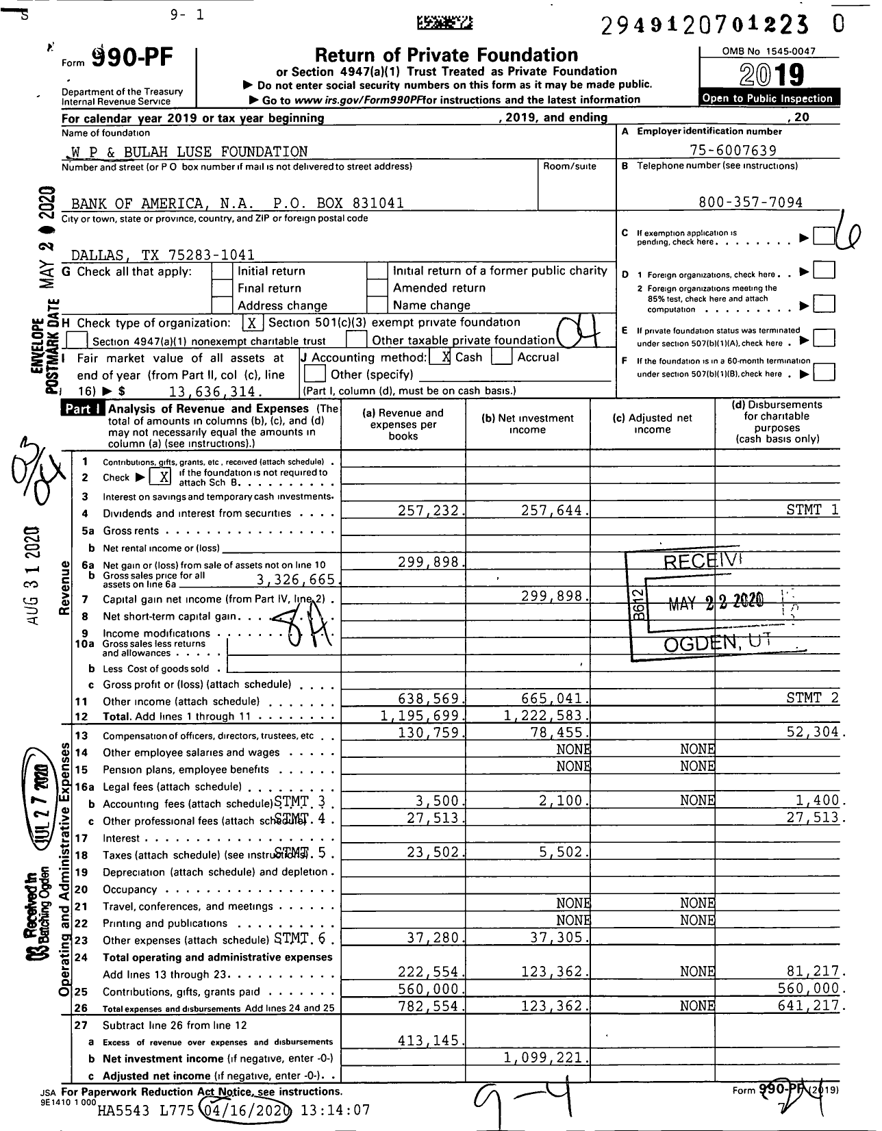 Image of first page of 2019 Form 990PR for W P and Bulah Luse Foundation