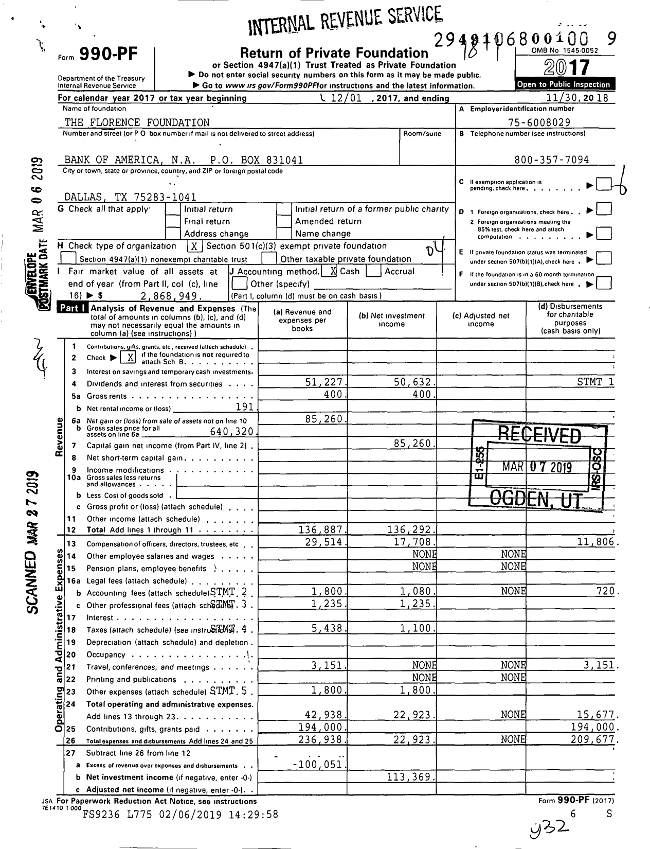 Image of first page of 2017 Form 990PF for The Florence Foundation