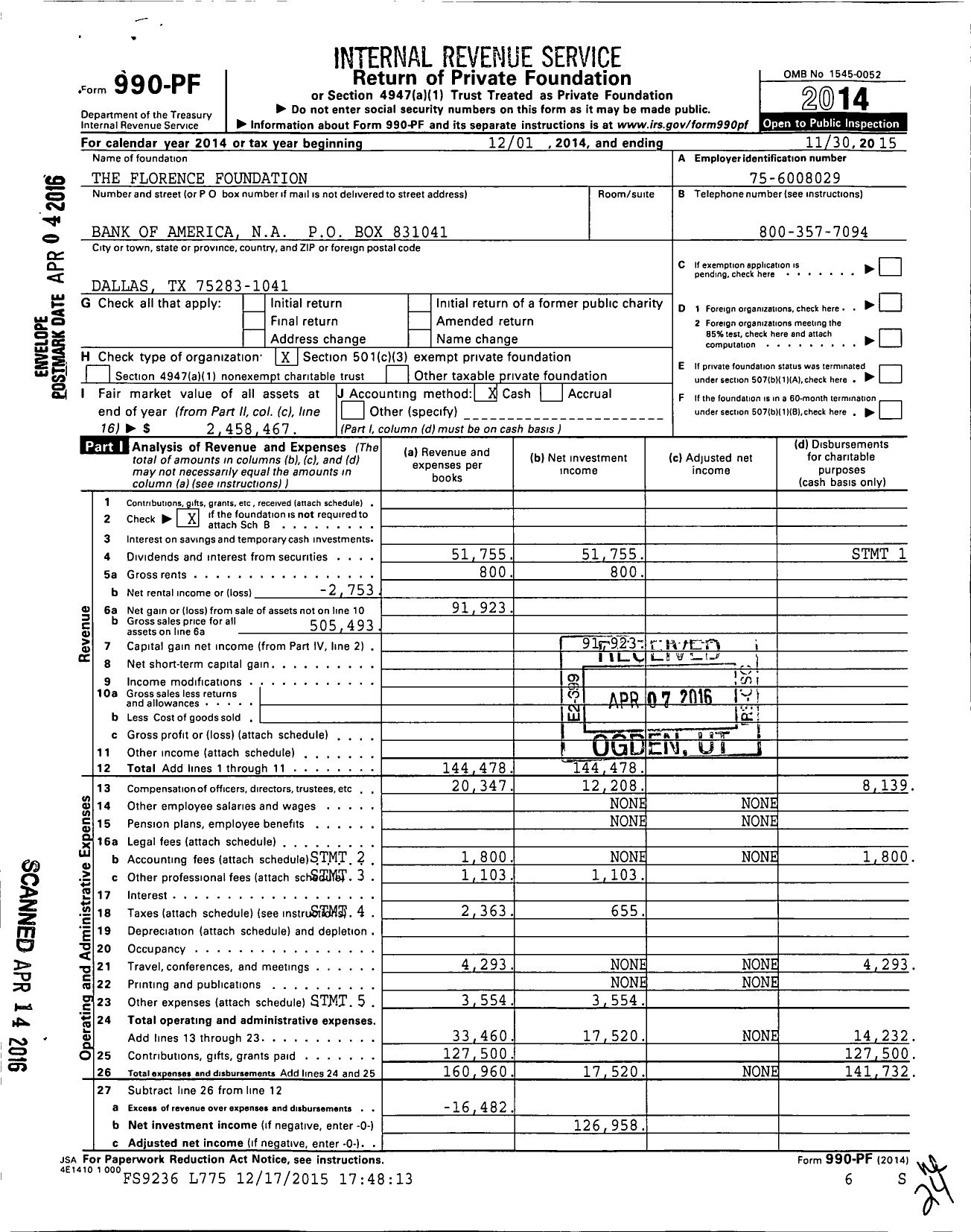 Image of first page of 2014 Form 990PF for The Florence Foundation