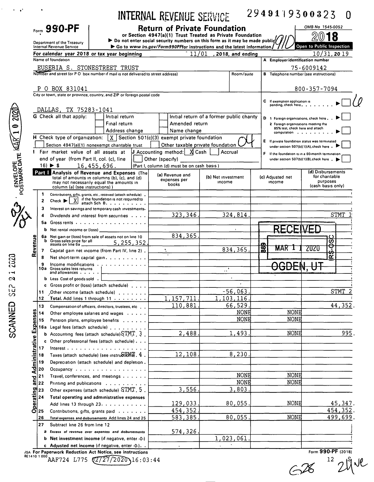 Image of first page of 2018 Form 990PR for Eusebia S Stonestreet Trust