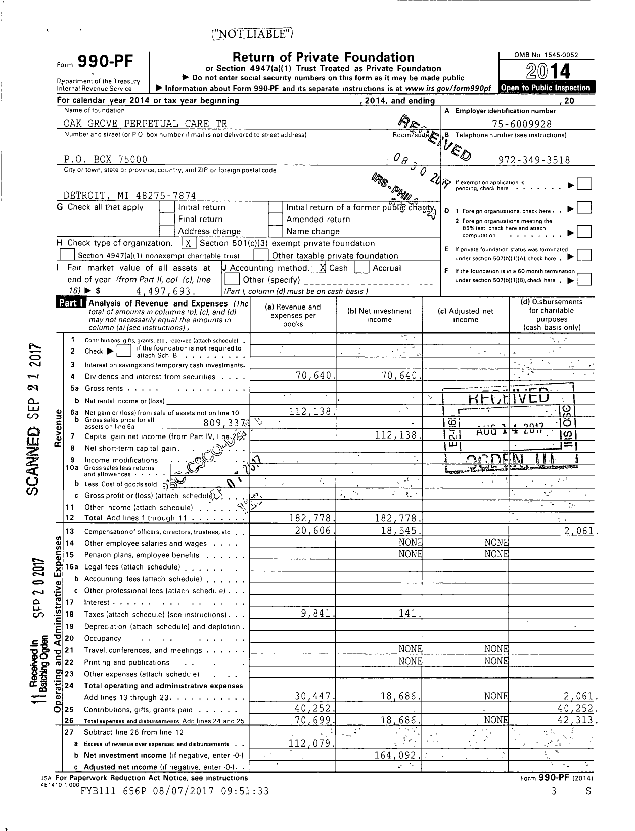 Image of first page of 2014 Form 990PF for Oak Grove Perpetual Care Trust