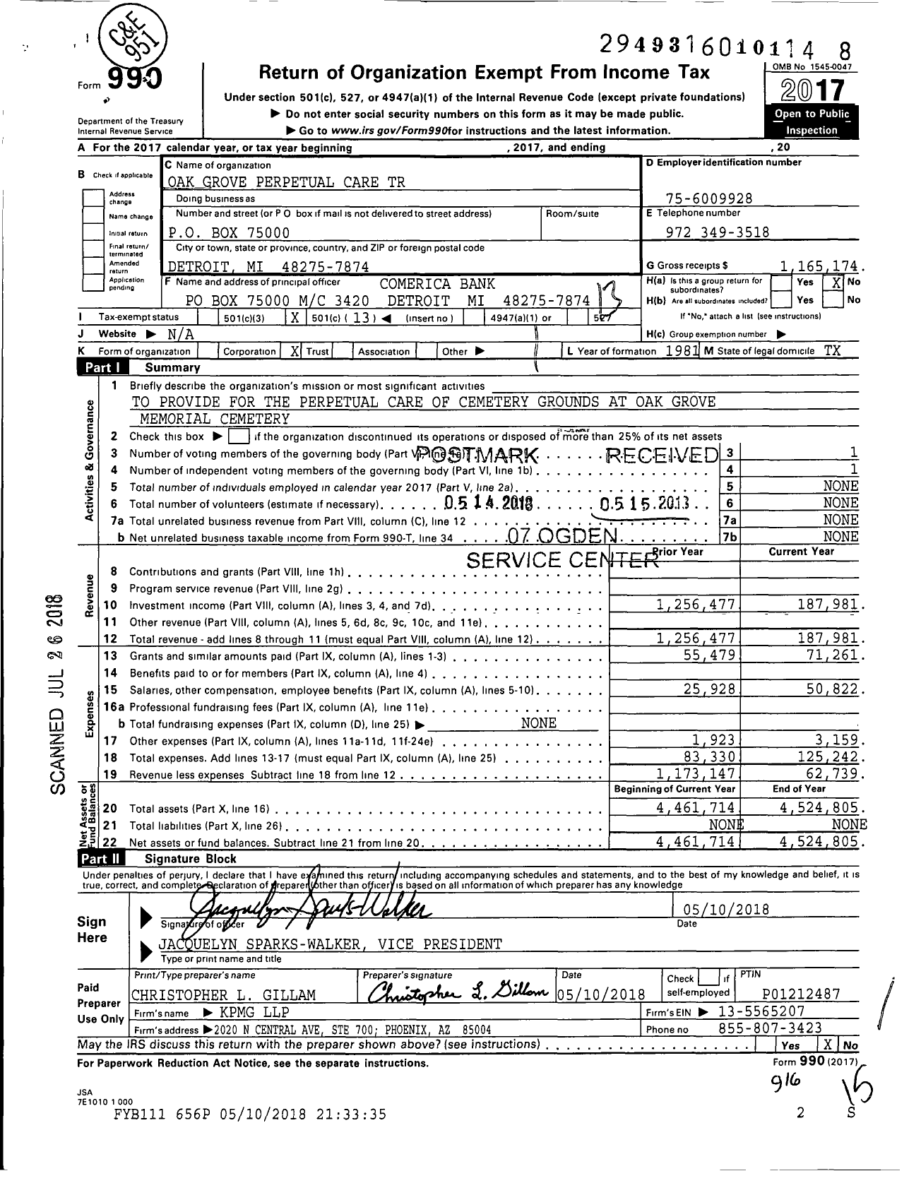 Image of first page of 2017 Form 990O for Oak Grove Perpetual Care Trust