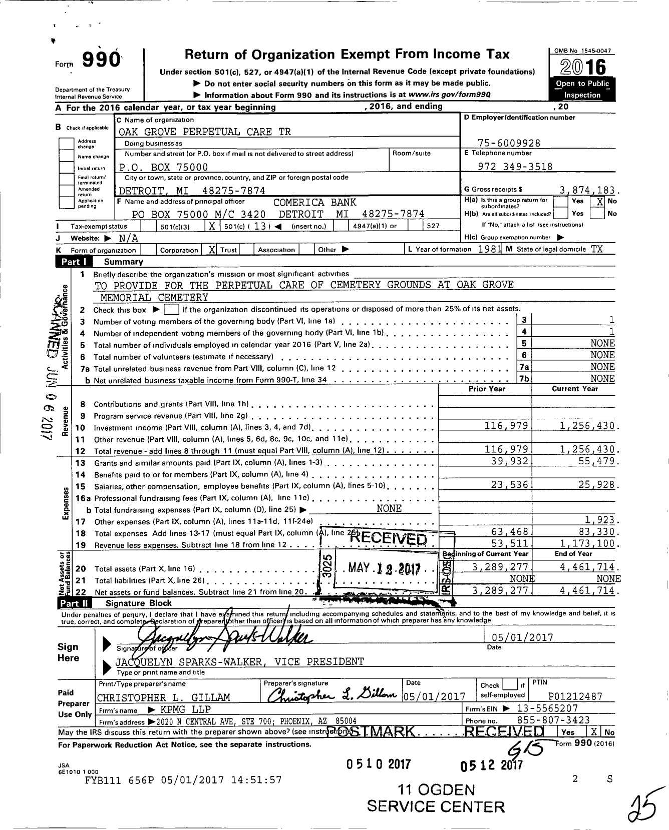 Image of first page of 2016 Form 990O for Oak Grove Perpetual Care Trust