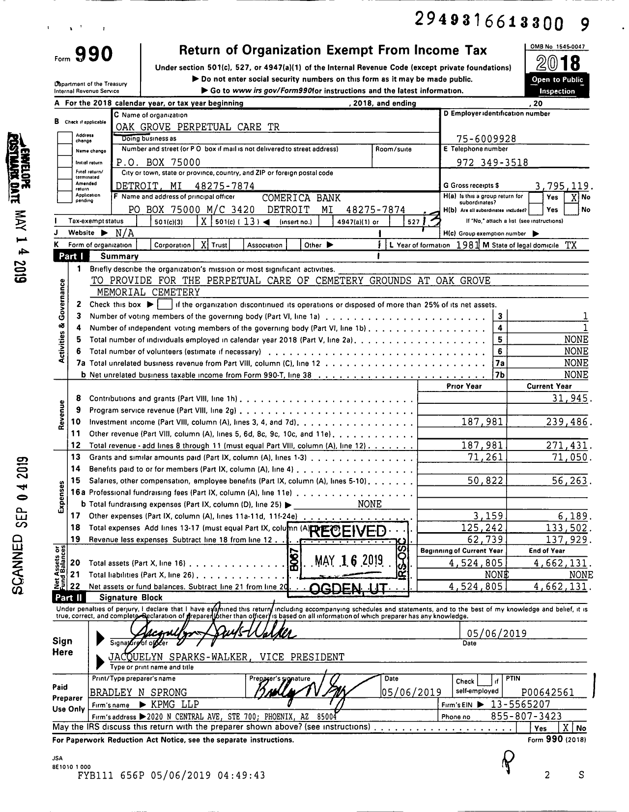 Image of first page of 2018 Form 990O for Oak Grove Perpetual Care Trust