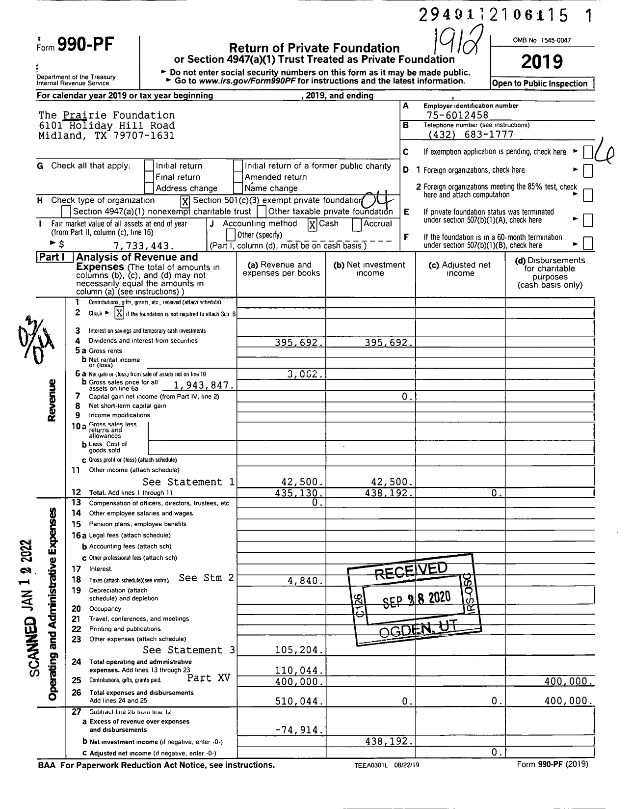 Image of first page of 2019 Form 990PF for The Prairie Foundation