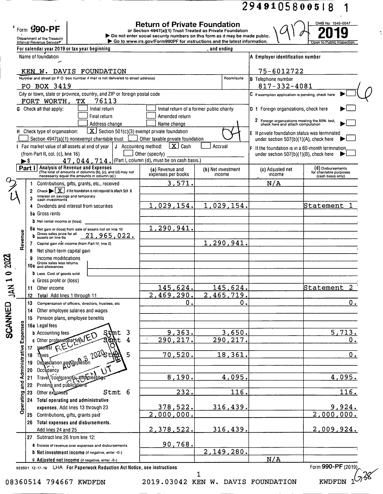 Image of first page of 2019 Form 990PF for Ken W Davis Foundation