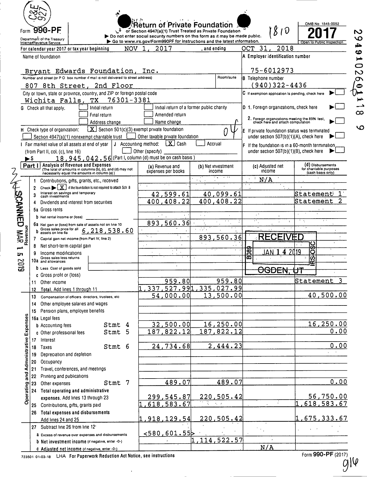 Image of first page of 2017 Form 990PF for Bryant Edwards Foundation