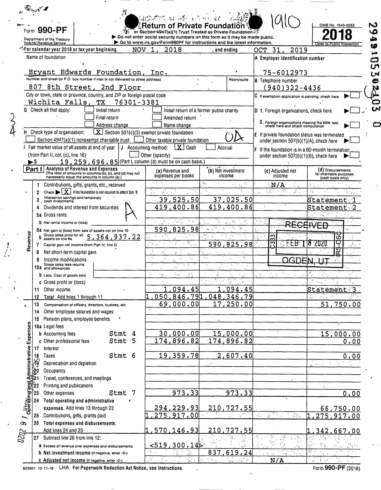 Image of first page of 2018 Form 990PR for Bryant Edwards Foundation