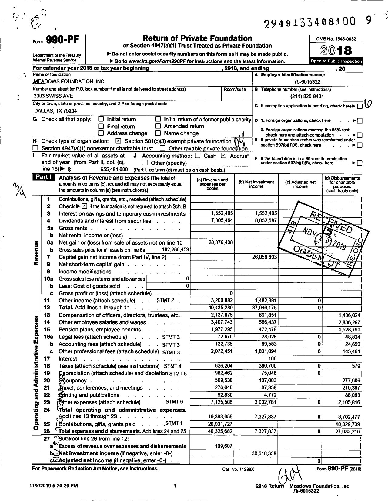 Image of first page of 2018 Form 990PF for Meadows Foundation