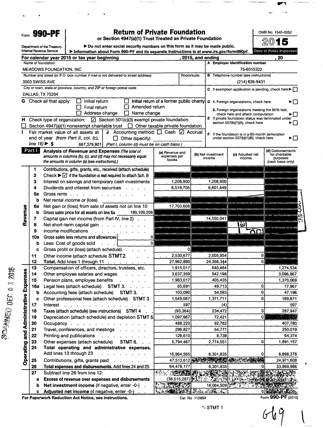 Image of first page of 2015 Form 990PF for Meadows Foundation