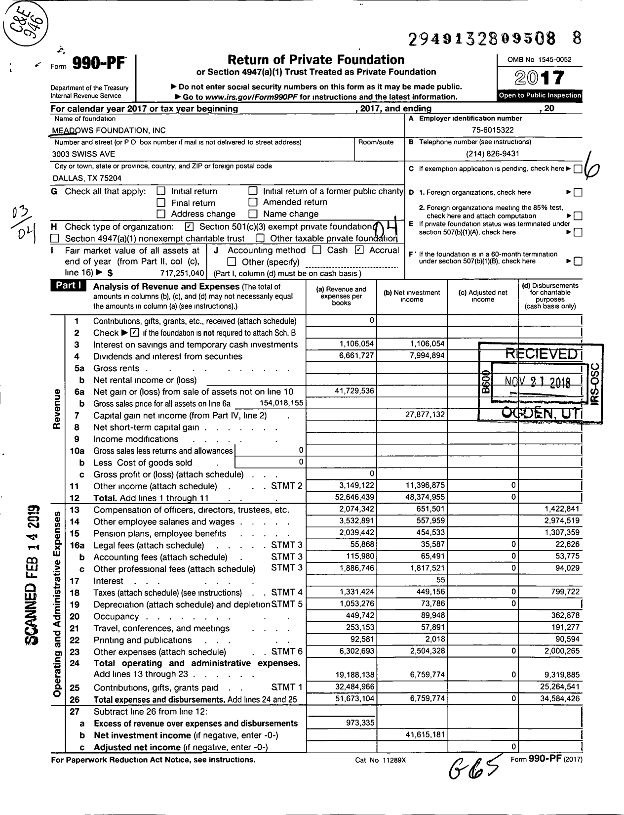 Image of first page of 2017 Form 990PF for The Meadows Foundation