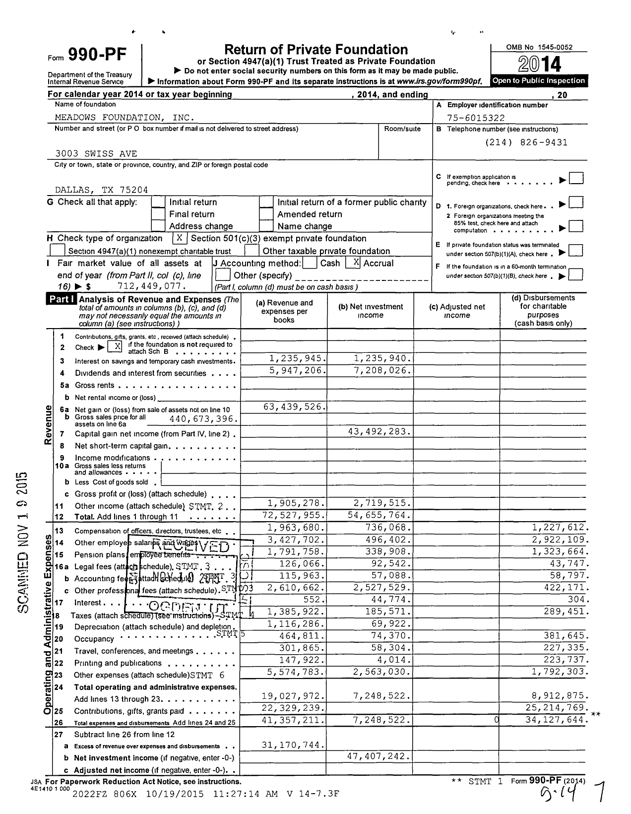 Image of first page of 2014 Form 990PF for Meadows Foundation