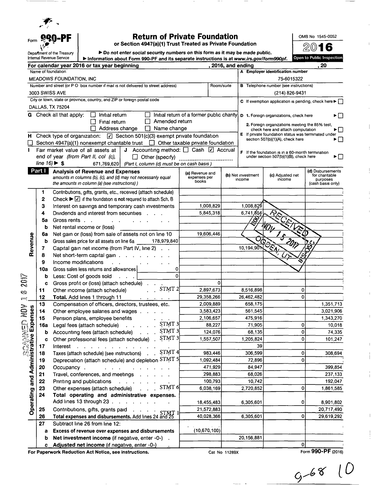 Image of first page of 2016 Form 990PF for Meadows Foundation