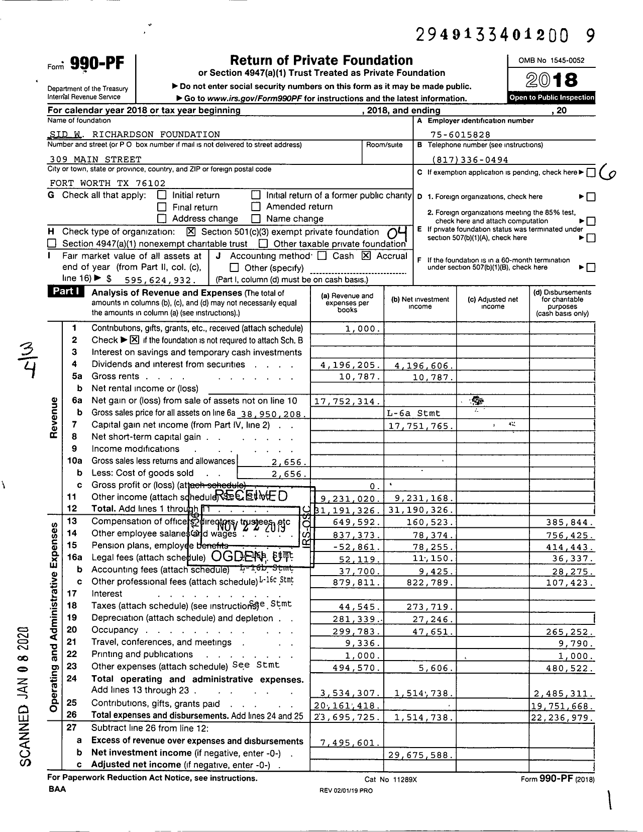 Image of first page of 2018 Form 990PF for Sid W Richardson Foundation